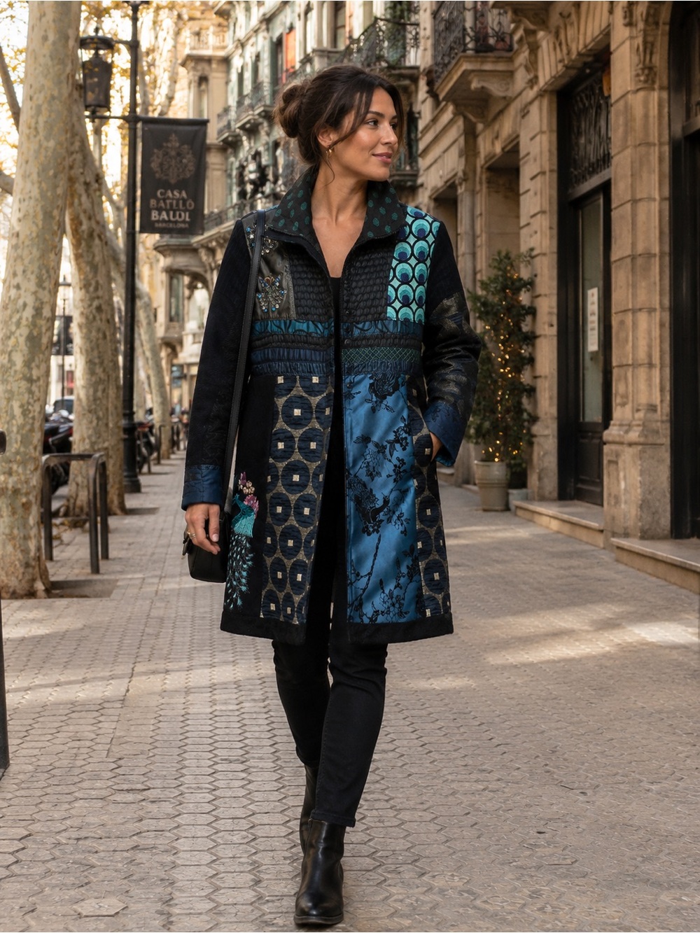Desigual Rare Women's Teal & Black Patterned Long Coat